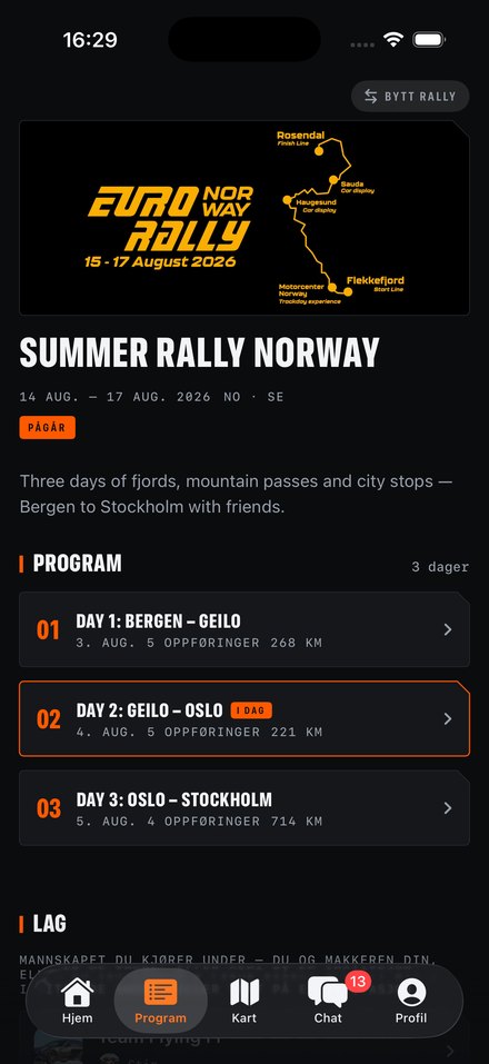 The rally page: dates, the route, and the programme day by day