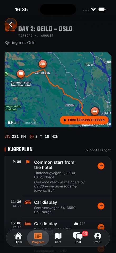 A single day: the route, the distance, and every stop with its time, address and weather