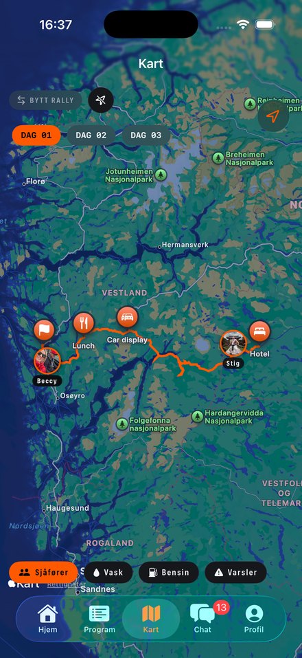 The map: the day's route, the stops, and the drivers currently sharing their position