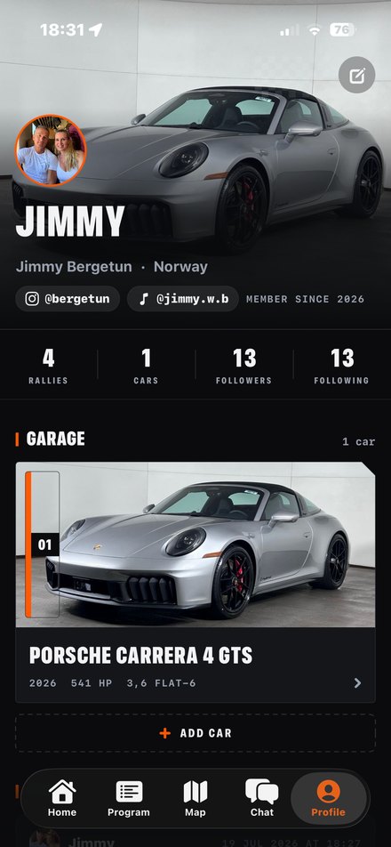 A driver profile with their garage