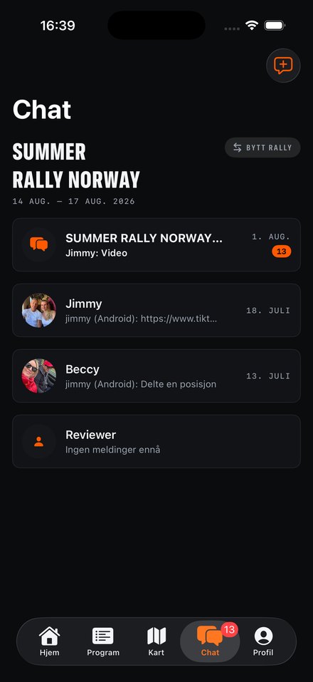 Chat: the rally's main chat, plus your own group chats and direct messages