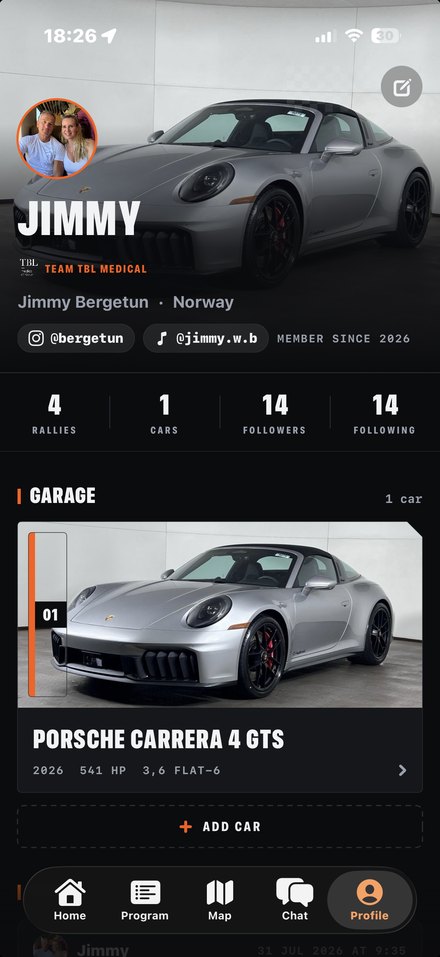 A driver profile: the car in the header, team, garage and rally history